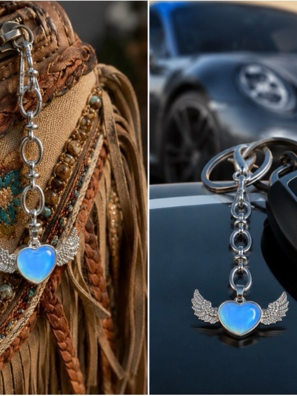 Hand Crafted Stainless Steel Winged Heart Keychain - Iridescent Blue Heart